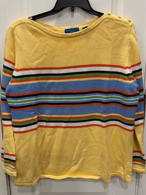 Karen Scott Yellow Striped Boatneck Pullover with Buttons